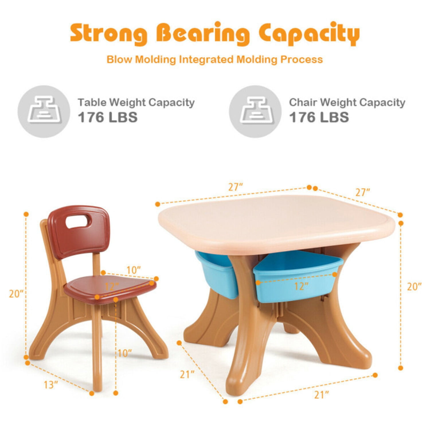 Brown Kids Table and 2 Chairs Set with 4 Storage Boxes, Toddler Activity Table for Drawing Playing Eating, Children Furniture for Indoor Outdoor