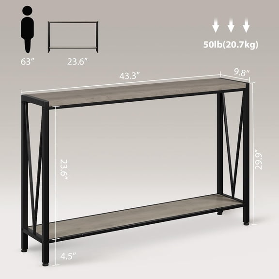 Acekid 43 Inch 2-Tier Narrow Console Table Stylish Sofa Side Table with V Design Premium Space Saving Furniture Grey
