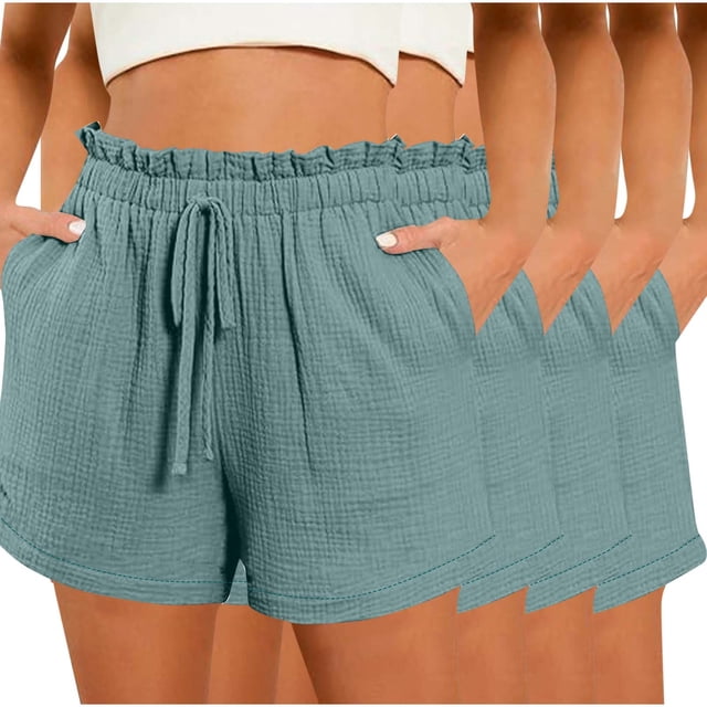 Hyknon Womens Shorts Summer Casual Solid Color Comfortable Loose Fitting 4PC Workout Shorts Elastic Waist Drawstring Sports Gym Running Shorts with Pockets