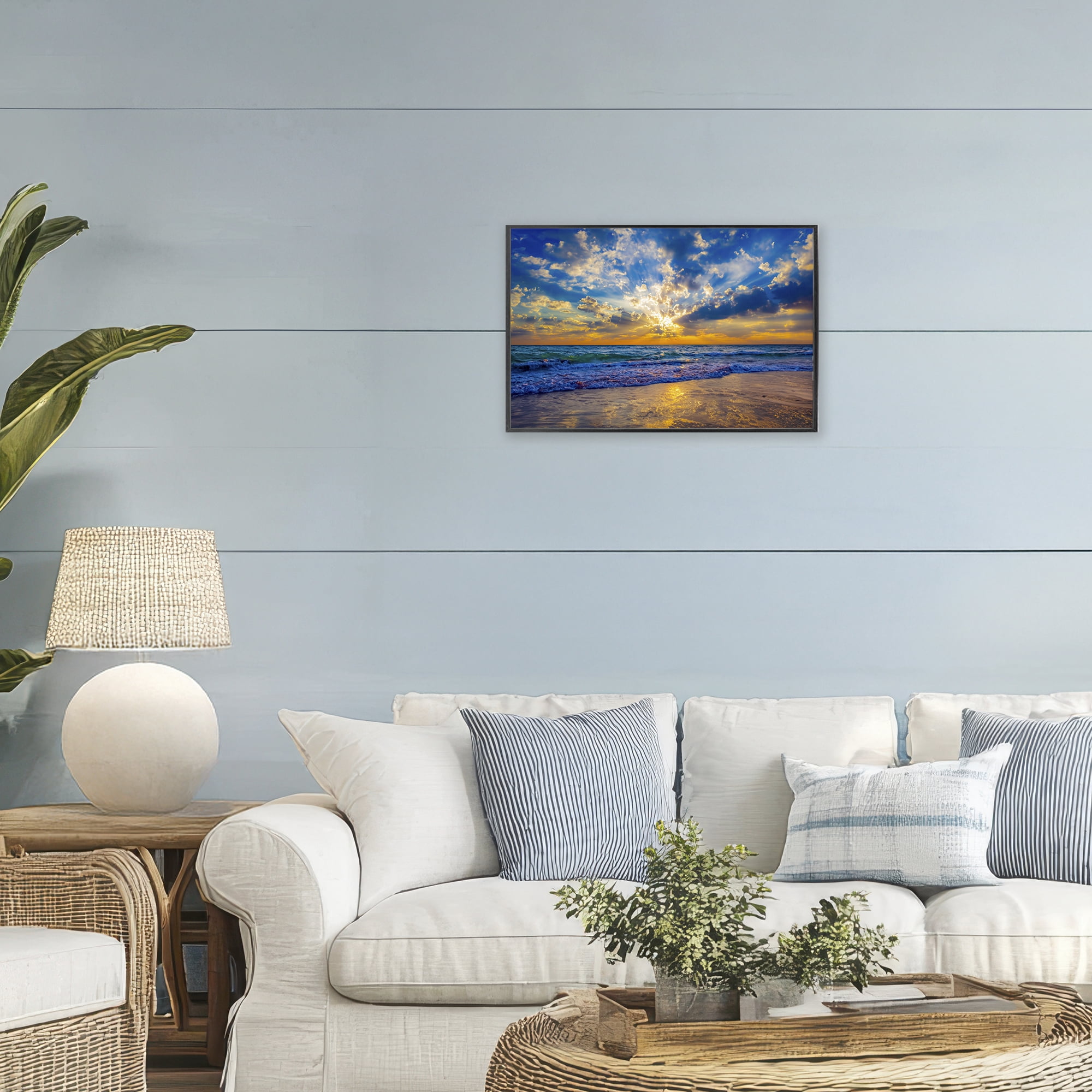 Stupell Industries Golden Blue Sun Ray On Beach Black Framed Giclee Art, design by Eszra Tanner