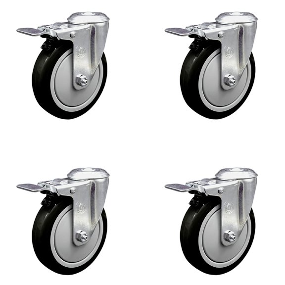 5 Inch Black Polyurethane Swivel Bolt Hole Caster Set with Total Lock Brake SCC