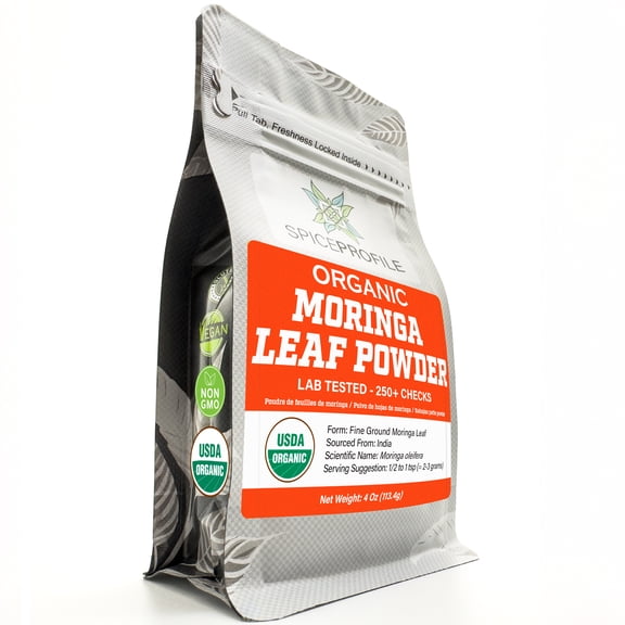 Spice Profile USDA Organic Moringa Powder, Lab Tested for Heavy Metals, Resealable 4 oz Pouch, Moringa Patta Powder, Polvo de Hoja de Moringa