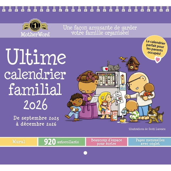 2026 MotherWord Calendrier Familial Ultime, Planificateur Familial de 16 Mois, Sept 2025-Déc 2026, Français, Version Murale à Onglets, 12 Pouces x 21.5 Pouces (DDTF112826)
