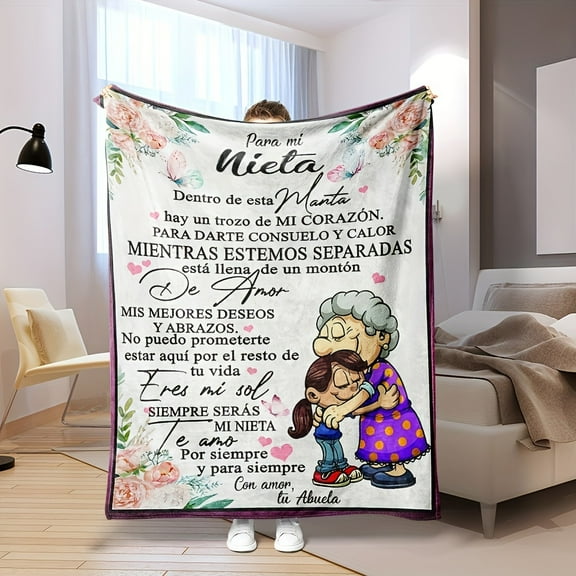 1pc Spanish Digital Print Flannel Blanket - Heartfelt Grandmother’s Letter to Granddaughter Design with Cartoon Illustration, All-Season Cozy Throw for Home or Office, White, Grandma Blanket