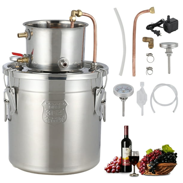 QinaQin Kit de alambique de acero inoxidable con bomba de circulación, tubería de cobre y termómetro dual, equipo destilador ideal para elaborar whisky, vino o brandy en casa