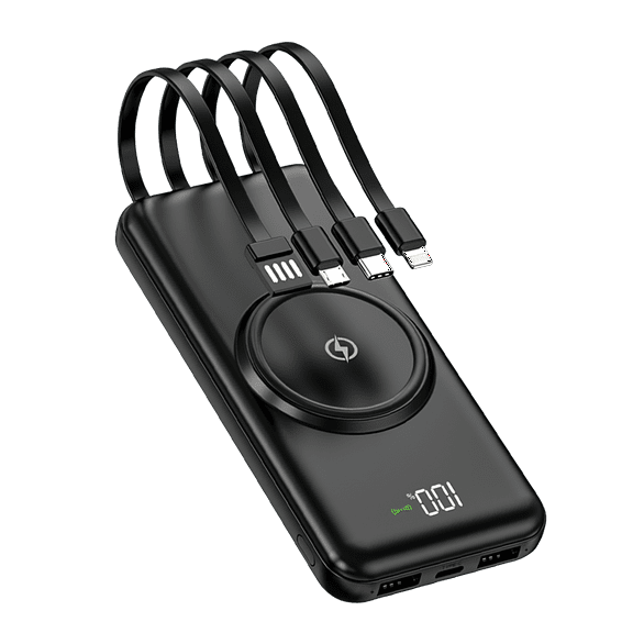 10,000mAh Portable Power Bank with Wireless Charging, USB, and Built-in Lightning and USB-C Cables, Black
