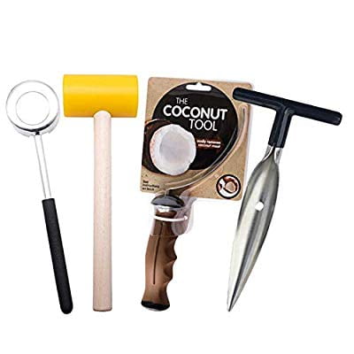 Complete Coconut Opener and Scraper Tool Set | Coconut Easy Hammer Kit, Removal Tool and Coconut Knife Opener for Fresh, Young and Thai Coconuts | Easily Break Open Coconuts and Scoop the (Best Way To Break A Coconut)