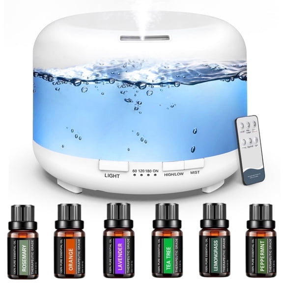 Fimilo 500ml Essential Oil Diffuser with 6*10ml Essential Oils Set, Flower Aromatherapy Diffusers with Remote Control, Oil Air Humidifier Vaporizer for Large Room Bedroom Office