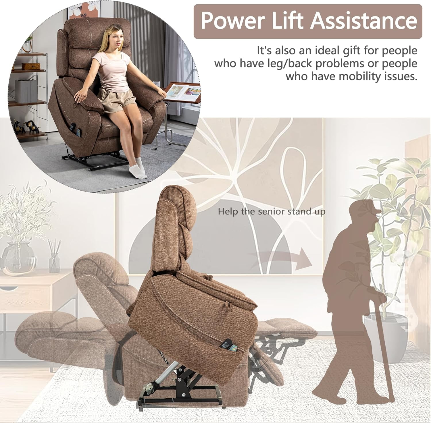 Power Lift Recliner Chair for Adults Elderly Lay Flat Velvet Recliners with Massage Heating, Extended Footrest, Wireless Charging Device, USB Ports, Cup Holder, Lumbar Pillow