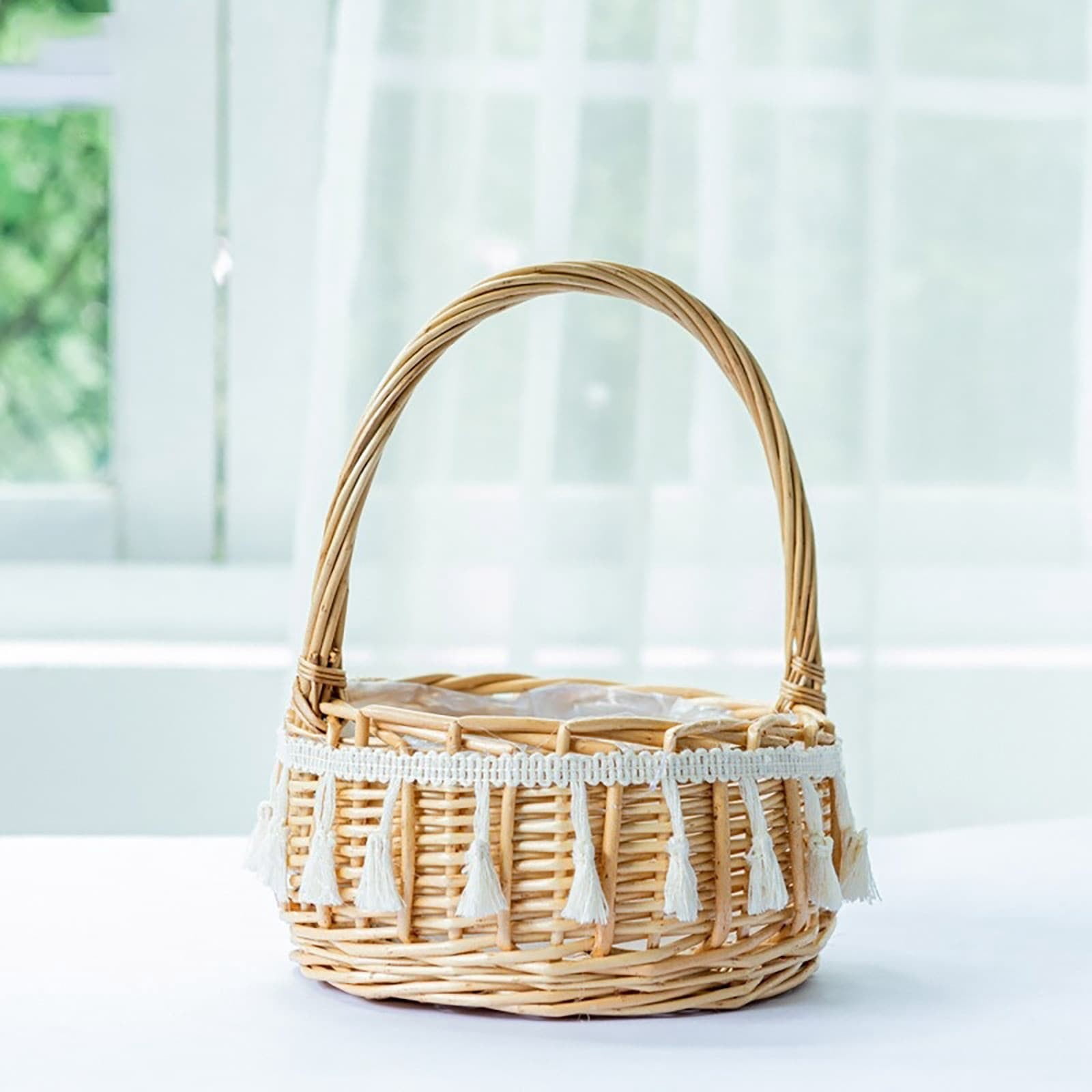 Eqslft Handwoven Wicker Flower Girl Basket with Tassel Lace, Natural Rattan Storage Basket with Handle, Boho Style Decorative Basket for Wedding, Easter, Picnic, Home Decor(Small)