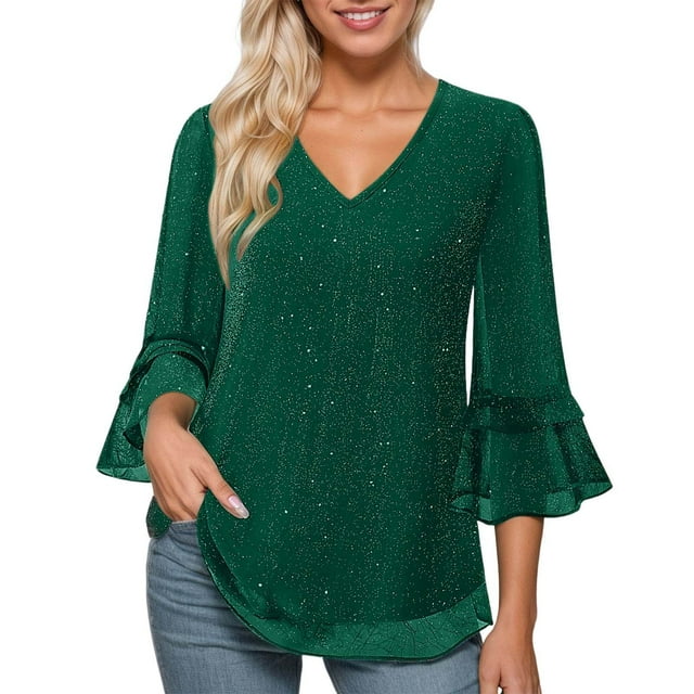 DHFJKG Shirts For Women 3/4 Sleeve Glitter Sequins V Neck Ruffle Loose Fit Soft Tee Carnival Stylish Tops