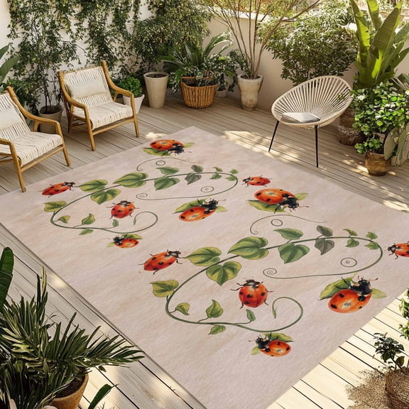 Ladybugs Eucalyptus Outdoor Rug for Patio/Deck/Porch, Non-Slip Large Area Rug 5 x 7 Ft, Spring Botanical Leaves Retro Indoor Outdoor Rugs Washable Area Rugs, Reversible Camping Rug Carpet Runner