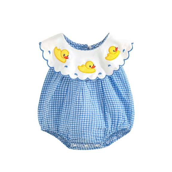 Suealasg Baby Girl Summer Plaid Romper Blue Sleeveless Doll Collar Duck Embroidery Jumpsuit