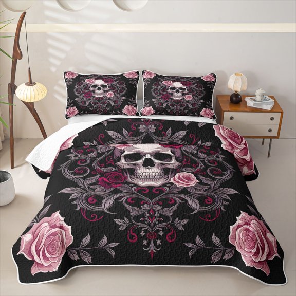 Homewish Gothic Sugar Skull Twin Quilt Set,Pink Red Damask Flowers Twin Coverlet Set,Halloween Duvet,2pcs