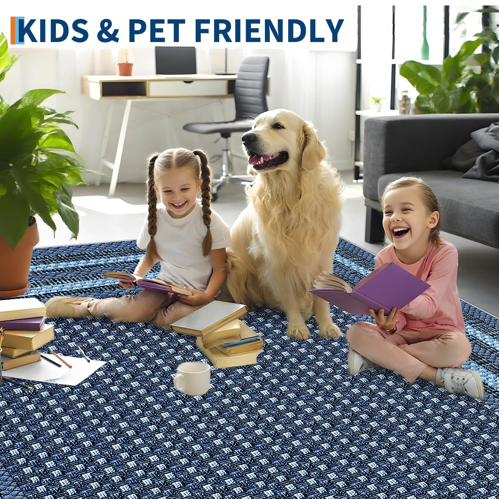 Garvee 5'x7' Bordered Print Area Rug Washable Rugs, Non Slip Modern Geometric Rug Stain Resistant Indoor Carpet for Living Room Bedroom Dining Room, Blue