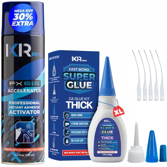 Ixirpro CA Glue Thick & Activator Kit, 1.75 oz Glue   16.9 oz Accelerator, Heavy-Duty Adhesive for Wood, Plastic & Metal