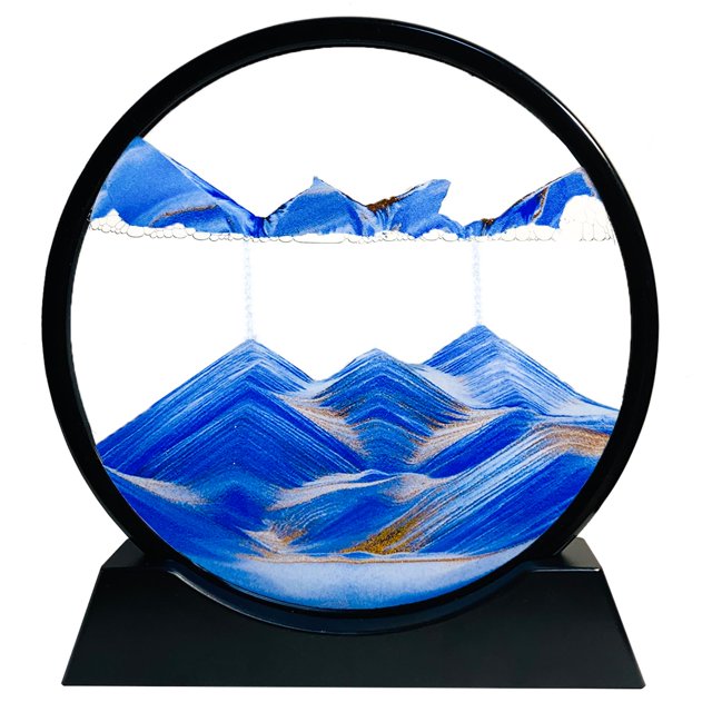 Sandcle Moving Sand Art Liquid Motion - Moving Sand Art Picture 3D Deep Sea Sandscape Round Glass Frame Display Flowing Sand Relaxing Toy For Desktop Home Office Work Ocean Decor(Blue 7"")