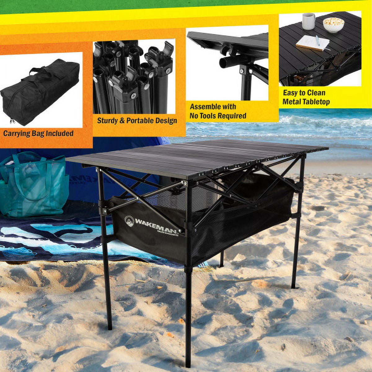 Wakeman Outdoors Camping Table with Storage Shelf and Carrying Bag, Black