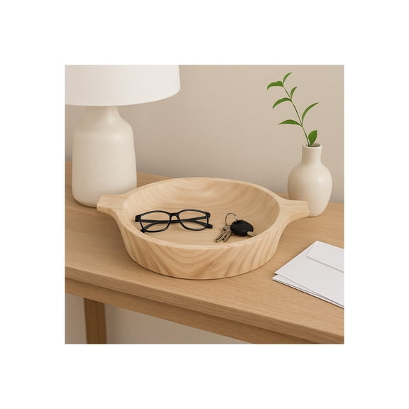 Modern Round Wood Decorative Bowl with Handles for Coffee Table - Centerpiece Table Decorations and Dining Room for Home Decor Accents - Rustic Kitchen Counter Decor, Key, or Candy Bowl - 3.5", Brown