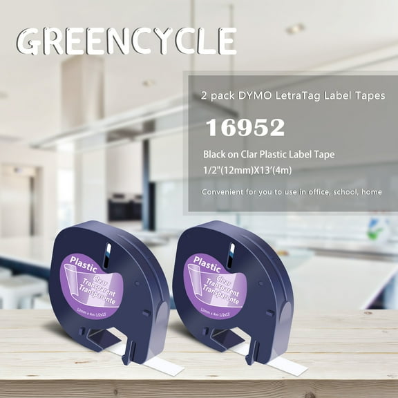 GREENCYCLE 2PK 12mm 4m Black on Clear Plastic Label Tape Compatible for Dymo 16952 12267 16951 12268 S0721530 LetraTag Printer