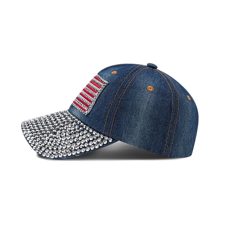 Unisex Studded Baseball Cap with Rhinestone Decoration,Denim 