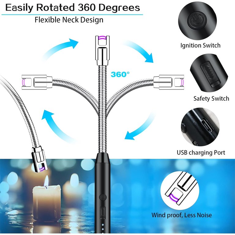 2 PCS Candle Lighter, Electric Lighter Arc Windproof Flameless With 360° Flexible Neck & LED Power Display, Lighters For Candle For BBQ, Grill, Camping, Fireplace, Stove