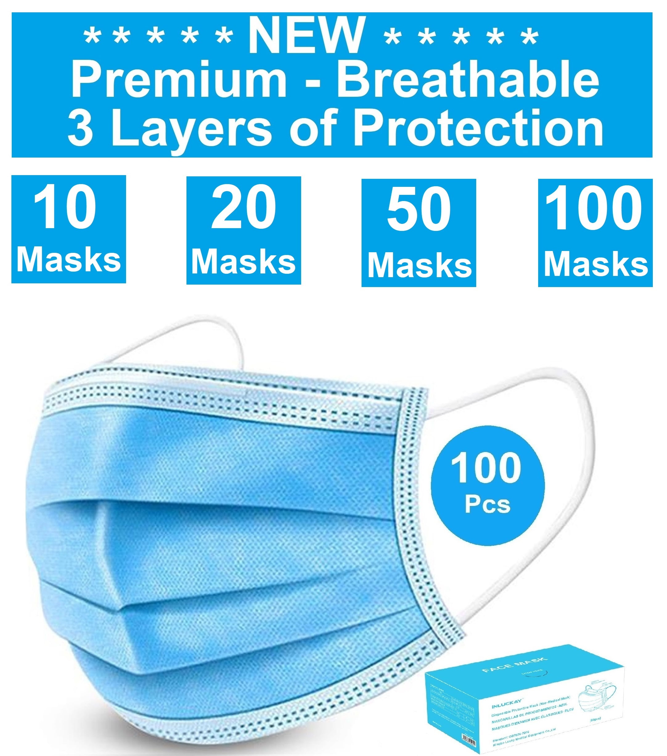 Disposable Face Mask - 100 Pack - Disposable Face Masks, 3-ply
