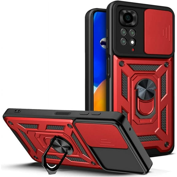 Case for Xiaomi Redmi Note 11 4G (Not 5G) with Slide Camera Cover, Heavy Duty Military Grade Protection Phone Case with Ring Stand for Xiaomi Redmi Note 11 4G/Redmi Note 11S SJ Red