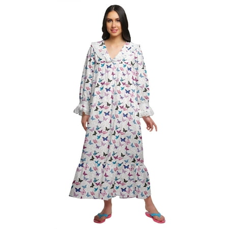 

Moomaya Printed V-Neck Sleepwear Cotton Ruffled Border WoMen s Maxi Nightdress