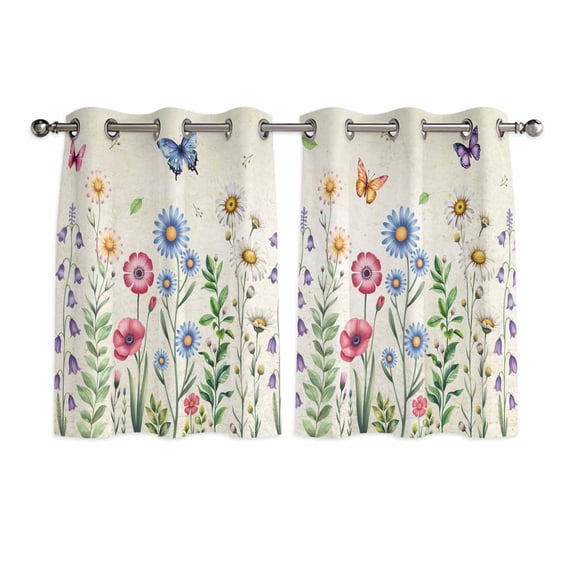 Spring Floral Kitchen Curtains Window Panels, Pink Blue Flowers Butterfly Farmhouse Insulated Window Treatment Curtain, Grommet Curtains for Bedroom/Living Room/Bathroom, 2 Piece 42"Wx54"L