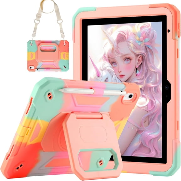 Kickstand Case for iPad (A16) 11th Generation 11 Inch 2025 and iPad 10th Generation 10.9 Inch 2022, Heavy Sturdy Shockproof Kids Cover, with 360°Rotating Stand/Pen Slot/Shoulder Strap (Colorful Pink)