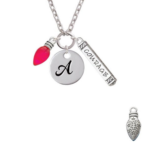 Christmas Lights - Hot Pink Resin - A - Script Initial Disc Courage Strength Wisdom Zoe Necklace