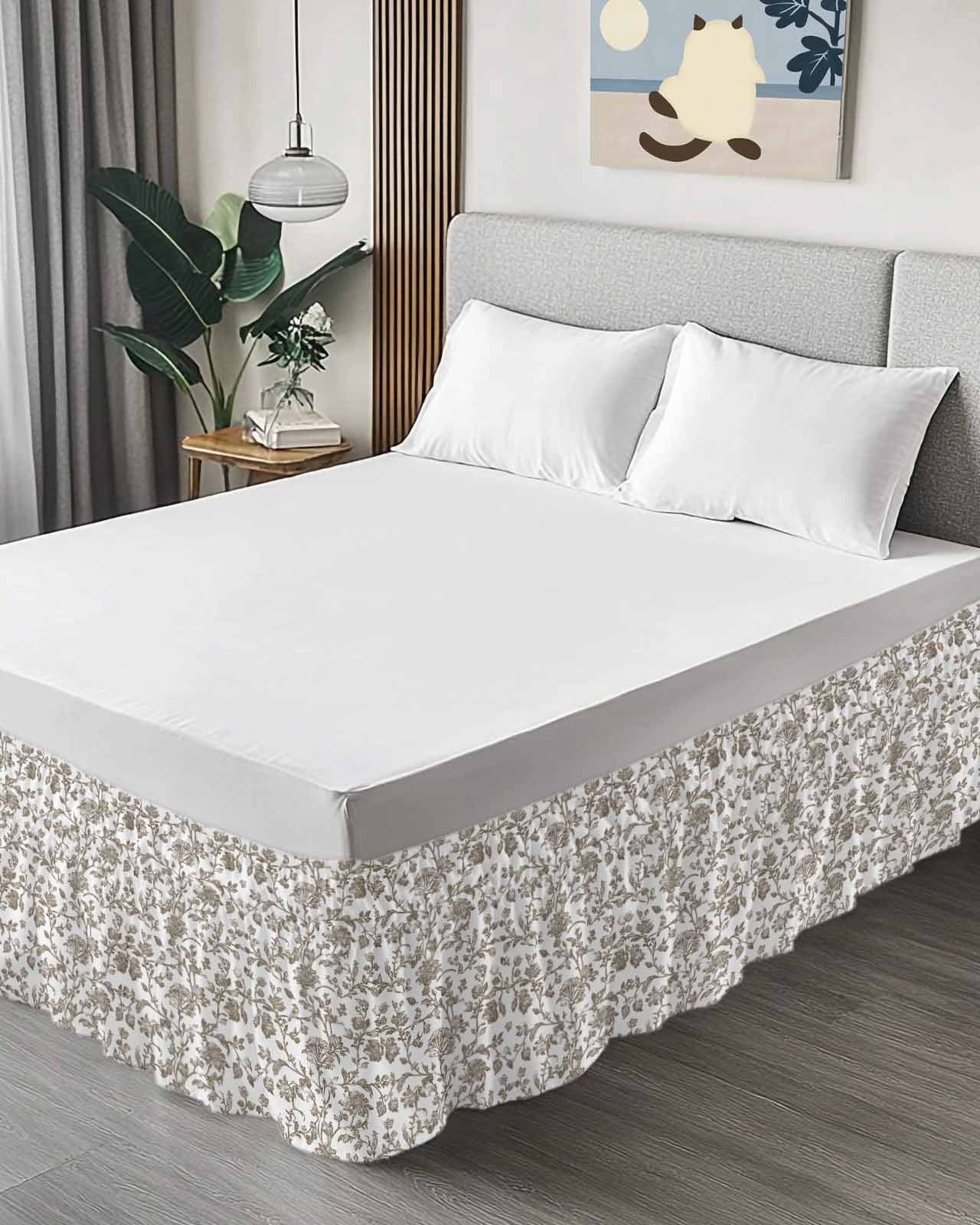 Vintage Brown Floral Bed Skirt Farmhouse Flower Pastoral Style Bed Skirts King Size 18 Inch Drop, Wrap Around Dust Ruffle&nbsp;Bedskirt with Adjustable Elastic Belt for Queen Size Beds