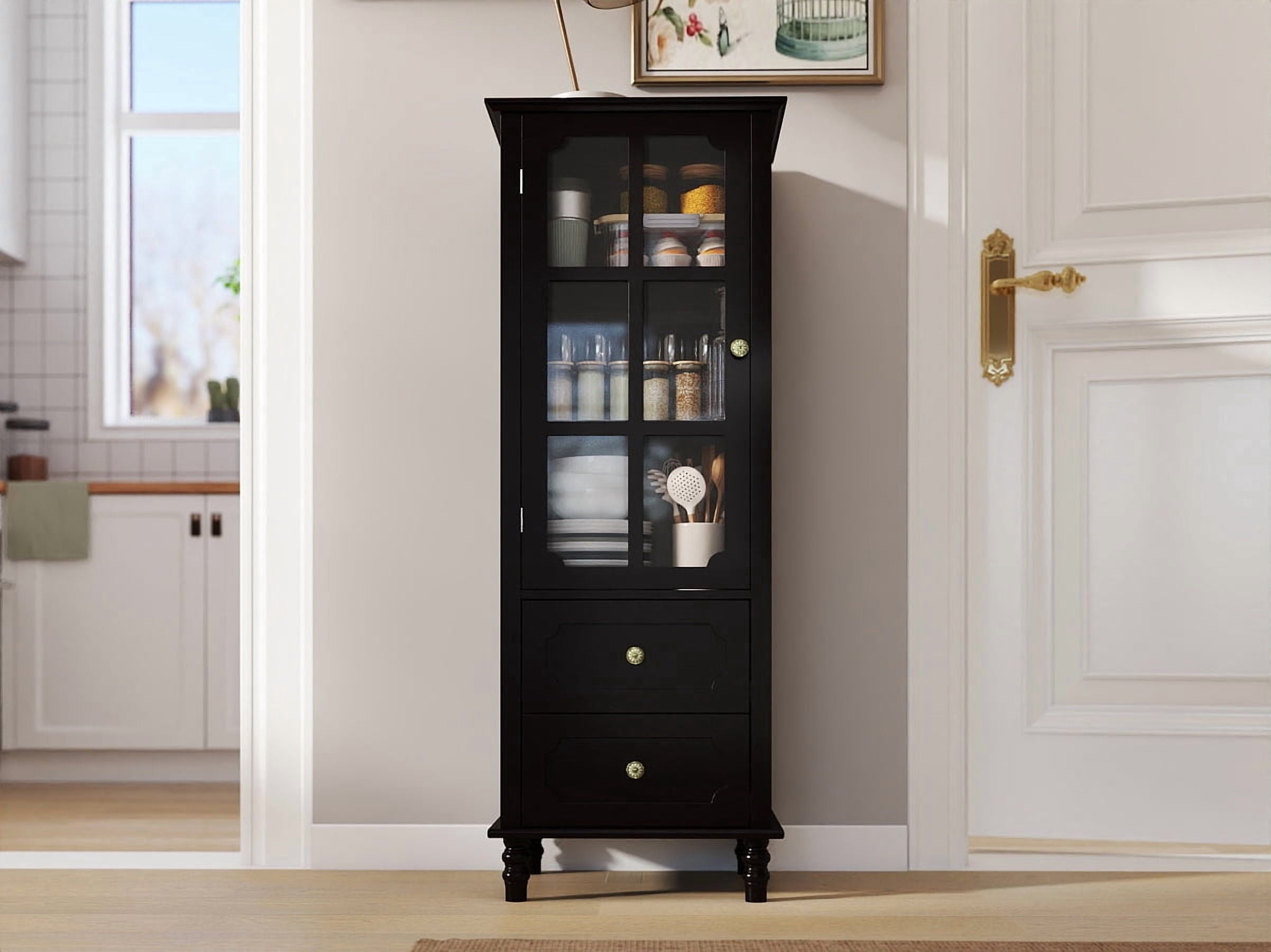 Tall Storage Cabinet with Glass Door & 2 Drawers, Narrow Freestanding Sideboard Buffet with Adjustable Shelves, Farmhouse Retro Pantry Cupboard for Dining Room, Living Room, Bathroom, Stud