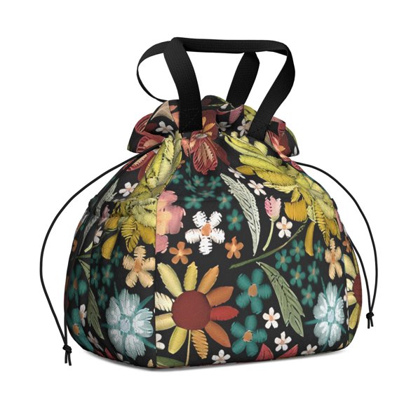 Pioneer Flower Floral Print Pattern Drawstring Lunch Bag Women - Drawstring Lunch Bag Insulated for Work Office - Stain-Resistant Large Lunchbags for Women with Multi-Pockets