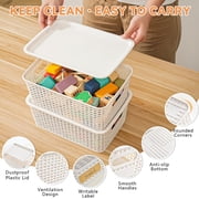 VOZOGO 10PCS Small Plastic Storage Baskets with Lid Stackable Bins with Labels Container for Organizing Storage Box for Shelves Office Cabinet Drawer,Cream White