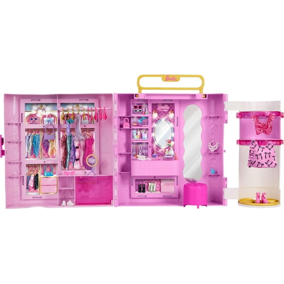 Barbie Closet with Spin & Style Dressing Room Feature, Vanity Area with Ottoman and Ring Light, 4 Fashions, 20 Pieces, & Portable Storage