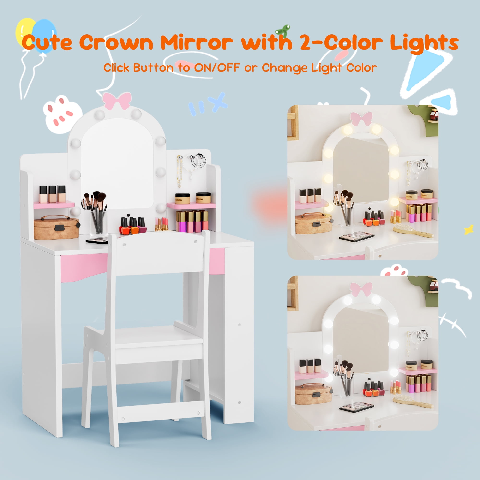 Reasea 1 Piece Kids LED Lights Vanity Desk Table Set White