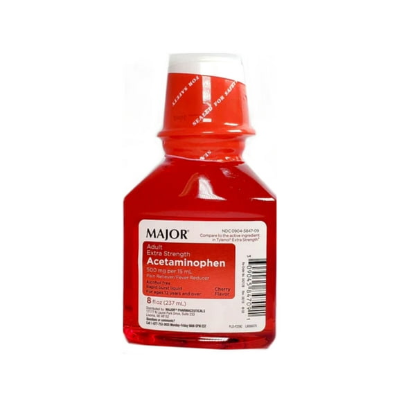 MAJOR Extra Strength Acetaminophen Liquid, 1000 mg per 30 mL, Pain Reliever/Fever Reducer, Cherry Flavored, Dye Free, 8 FL OZ