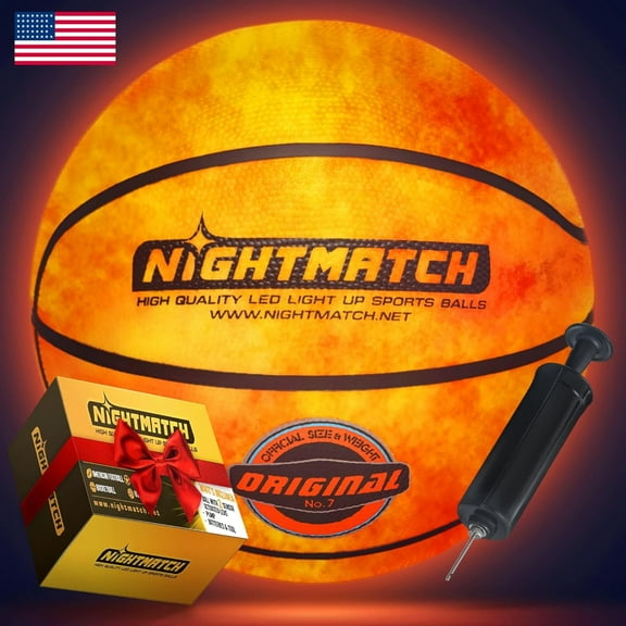 NIGHTMATCH Waterproof Size 7 LED Light Up Basketball - Glow in the Dark Basketball with 2 LEDs - 8 Extra Batteries & 1 Pump - LED Basketball Toys