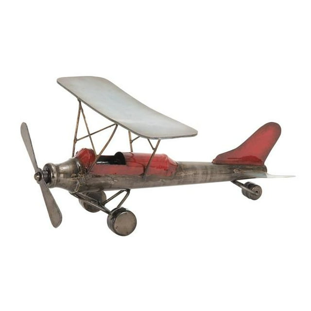 Benjara BM216431 Metal Frame Airplane Sculpture with Stable Base, Gray & Red