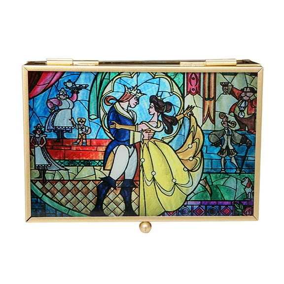 Disney Beauty and the Beast Jewelry Box- Glass Jewelry Case with Stained Glass Belle and the Prince Design Jewelry