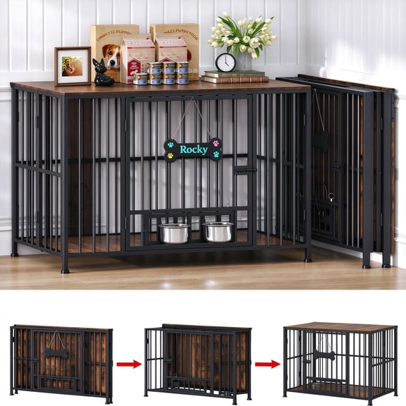 Amlancher 43" Foldable Dog Crate Furniture with 2 Bowls and Name Tag, No Assembly Dog Kennel for Large Dogs(65-85lbs), Rustic Brown
