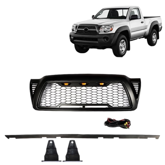 Suitable for Matte Black Front Grille for Toyota Tacoma (2005-2011) – Mesh Grill with 3 LED Lights, Stylish Bumper Hood Accessory