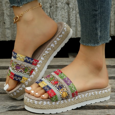 

European and American National style Foreign trade large size ladies thick bottom fish mouth hemp rope candy color slippers 2023 new manufacturers wholesale