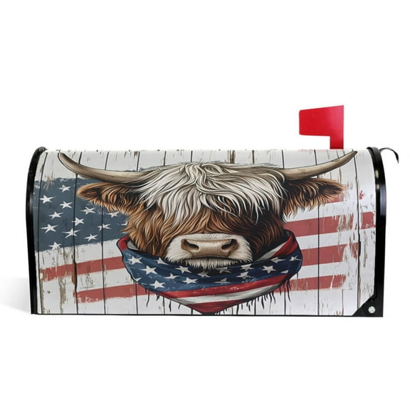 Ryvnso Mailbox Cover Retro Highland Cattle Usa Flag Magnetic Mailbox Wrap Standard Size 21x18 Inch