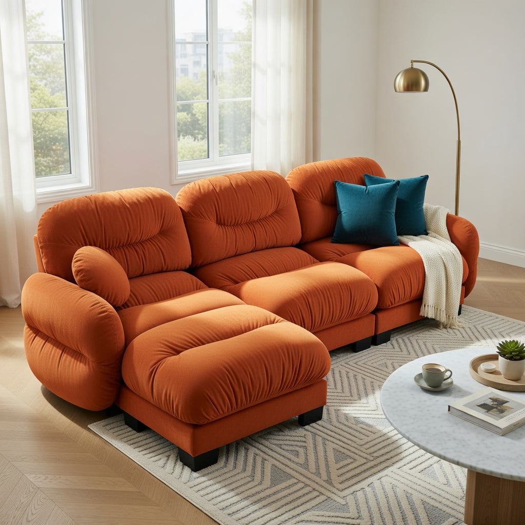 Hommoo Modern Chenille L-Shaped Modular Sectional Sofa with Ergonomic Foam, Curved Armrests, Ottoman & 2 Throw Pillows, 3-Seater Pleated Design, Orange