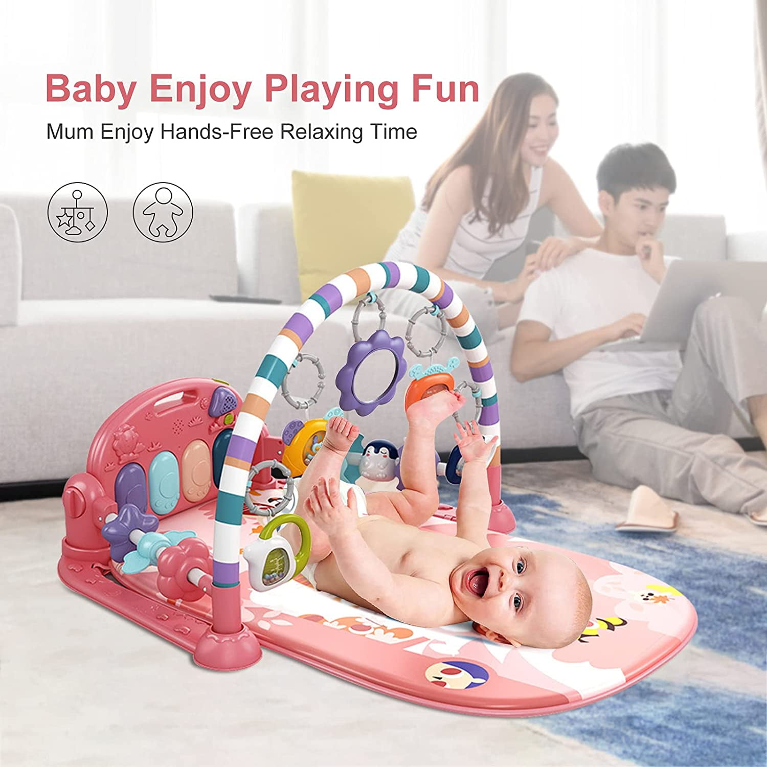 Baby Play Mat Gym with Mirror Crawling Kicking Floor Piano Music Lights 5 Sensory Toys for 0 12 Months Blue Walmart