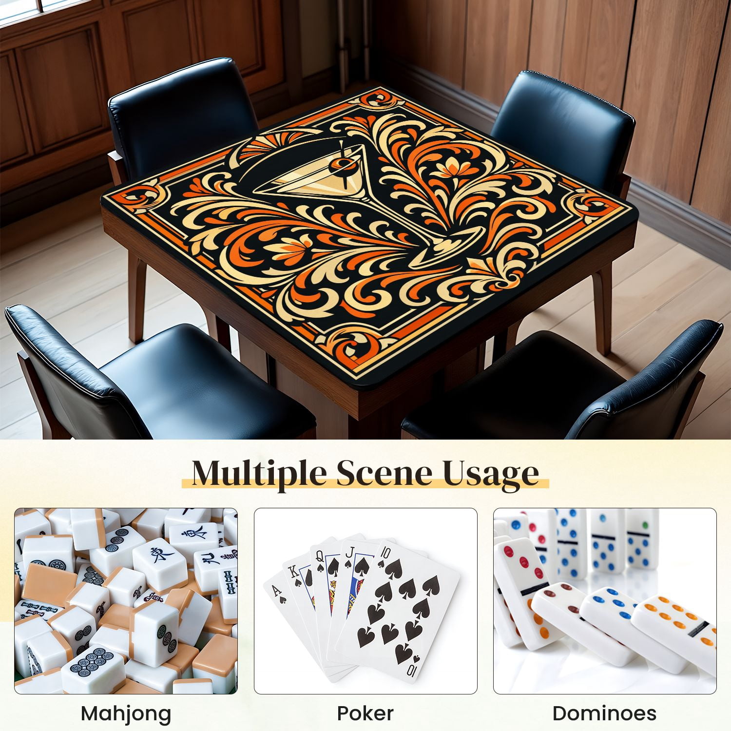 Mahjong Mat 31.5" x 31.5" Martini Glass Olive Ornate Floral Non-Slip Noise Reduction Mahjong Tiles Table Cover for Dominoes Poker Card Board and Tile Games