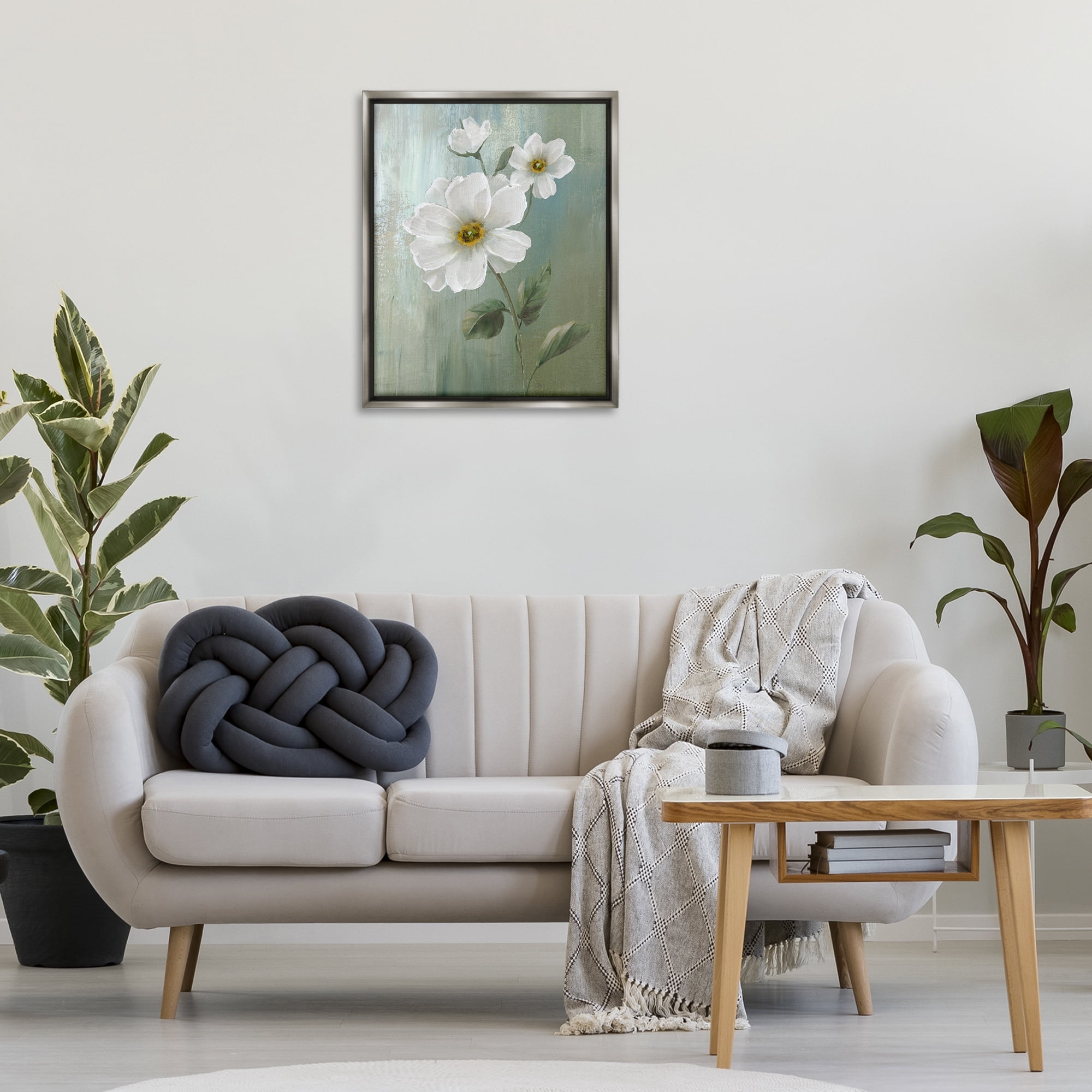 Stupell Industries Blooming White Blossoms Plants & Flowers Painting Gray Floater Framed Canvas Art Print Wall Art, 25 x 31